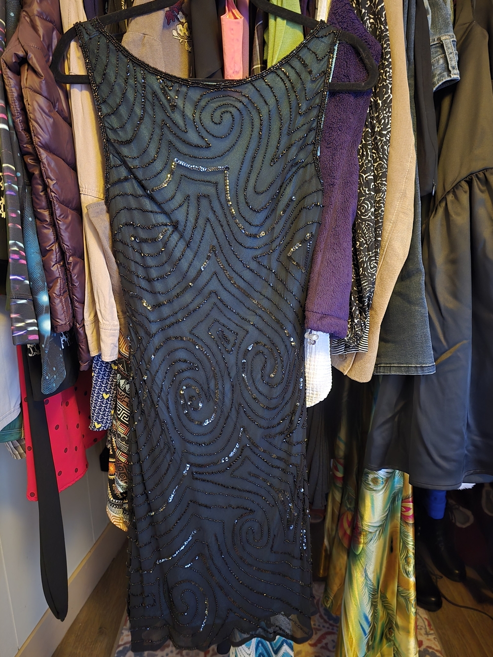 Black and Dark Blue Midi Dress with Swirl Beading